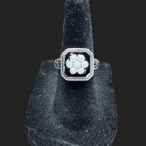 Silver Tone Art Deco Style Ring - Faux Pearl Cluster on Black Enamel - Size 5